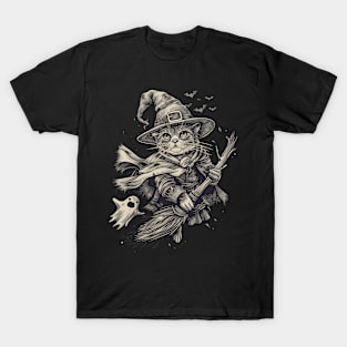 Vintage Halloween Witch Cat Broom T-Shirt